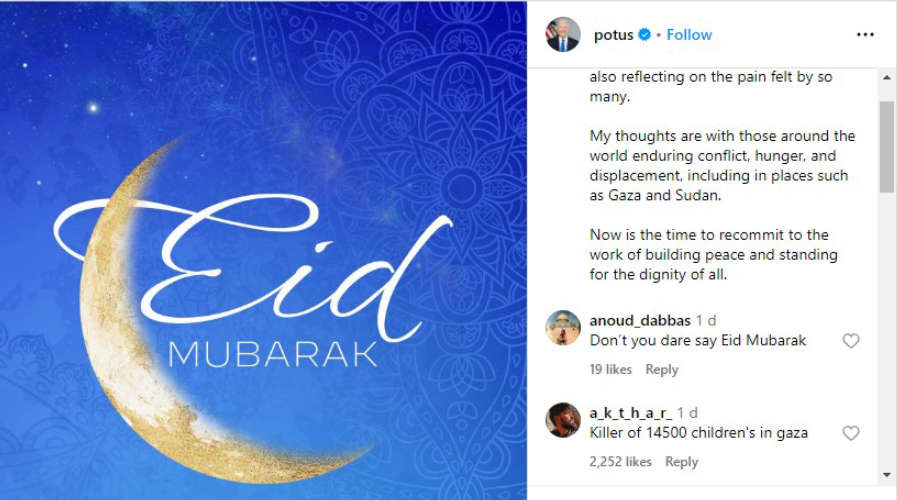 You are the one who gives the bomb to kill the people of Gaza' social media criticizes Biden's eid greetings