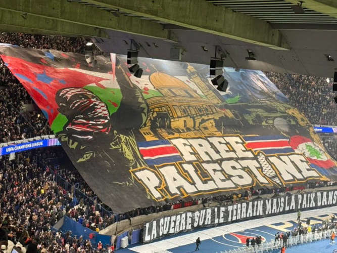 PSG Fans Raise Powerful Free Palestine Banner at Champions League Match Against Atletico Madrid