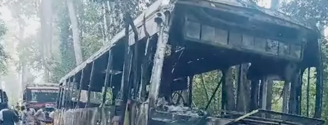 KSRTC Bus Destroyed by Fire in Pampom No Passengers on Board Major Accident Avoided