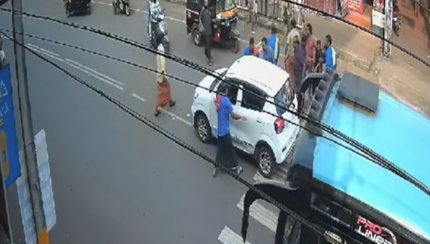 Students were hit by a car while crossing the zebra line in Cherupuzha The students escaped unhurt