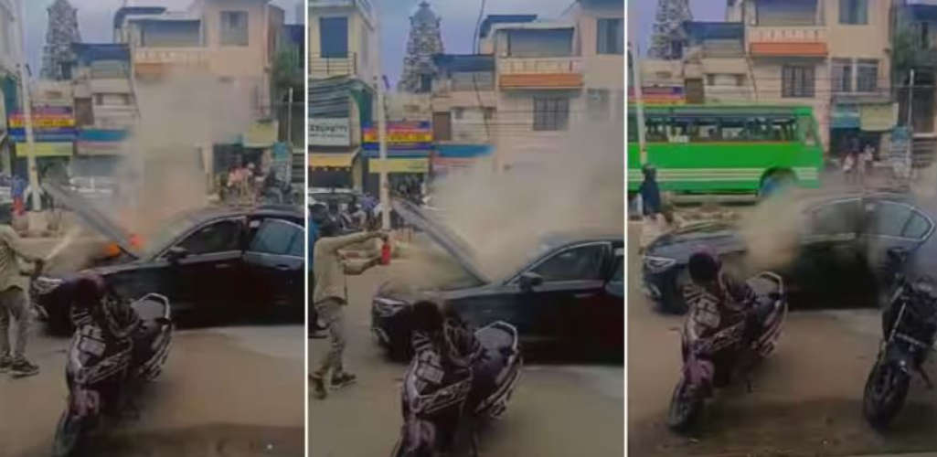 BMW caught fire while driving in Thiruvananthapuram A major accident was avoided as the locals intervened