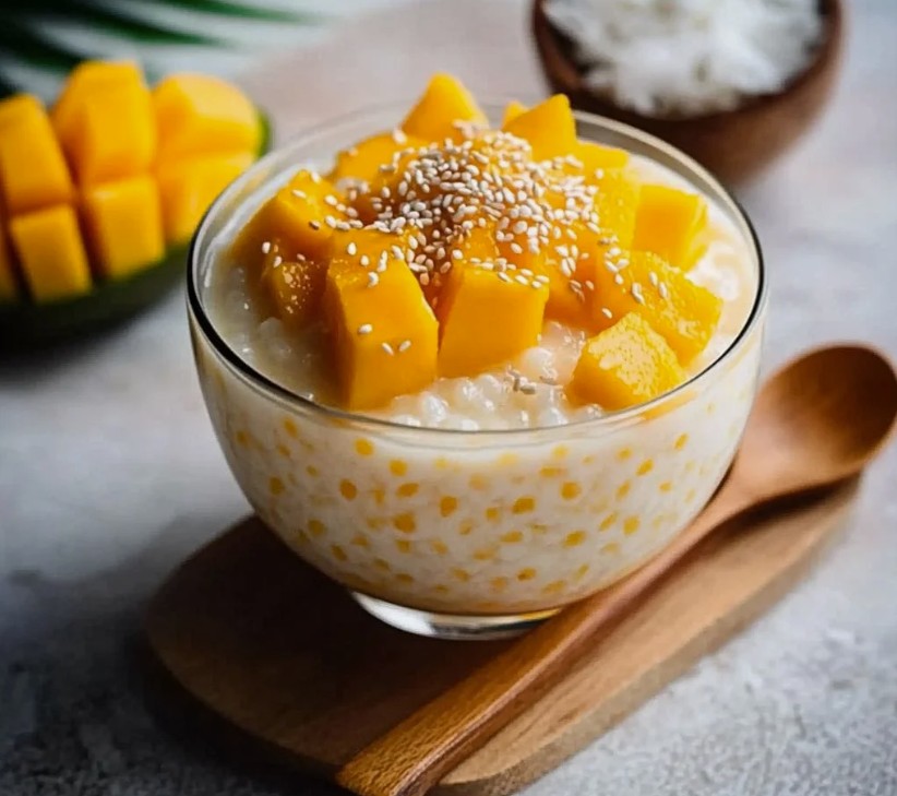 Simple Sago Pudding Saboon Ari Dessert with mango