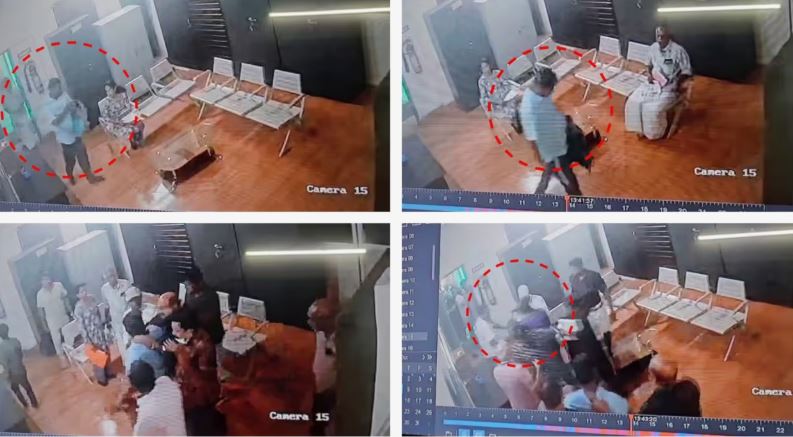 shocking cctv footage kozhikode doctor attacked with sword hidden in school bag by sanoop with children