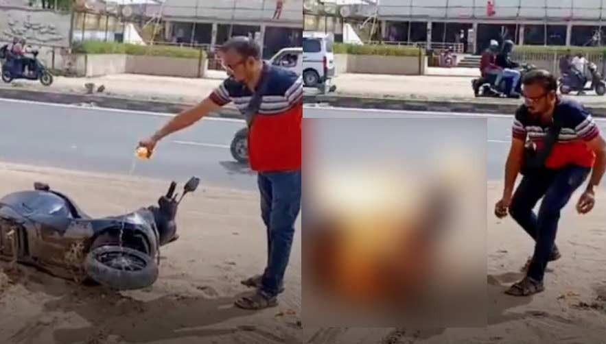 man sets electric scooter on fire outside showroom after tyre and steering failure during ride with wife and child